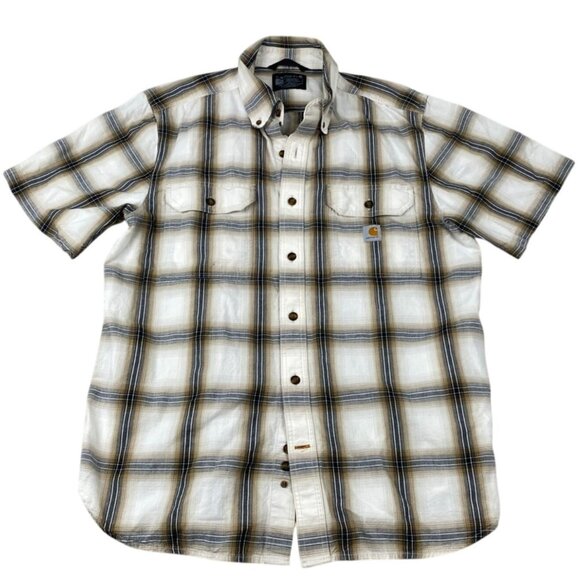 Carhartt Mens Shirt Large Loose Fit Short Sleeve Plaid Button Up Beige Casual - Picture 1 of 12